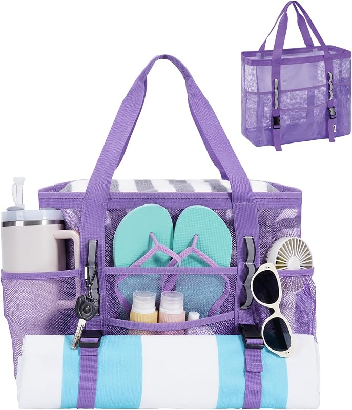 Mesh Beach Bag for Women, Family Pool Bags for Cruise (Purple) | Sandproof, 40oz Tumbler Pockets, For Swim Toys Towels Travel Vacation Essentials, Large Tote Bag