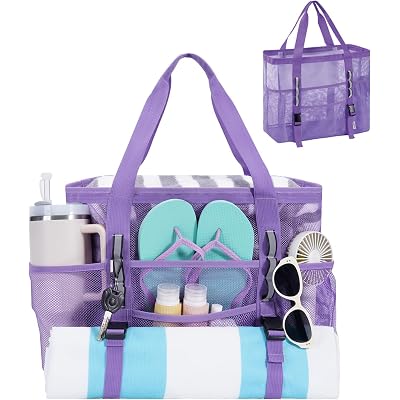 WANDF Mesh Beach Bag for Women, Large Beach Tote Bags with 40oz Tumbler Side Pockets, Family Pool Bag for Swim Toys Towels Cruise Vacation Essentials (Purple)