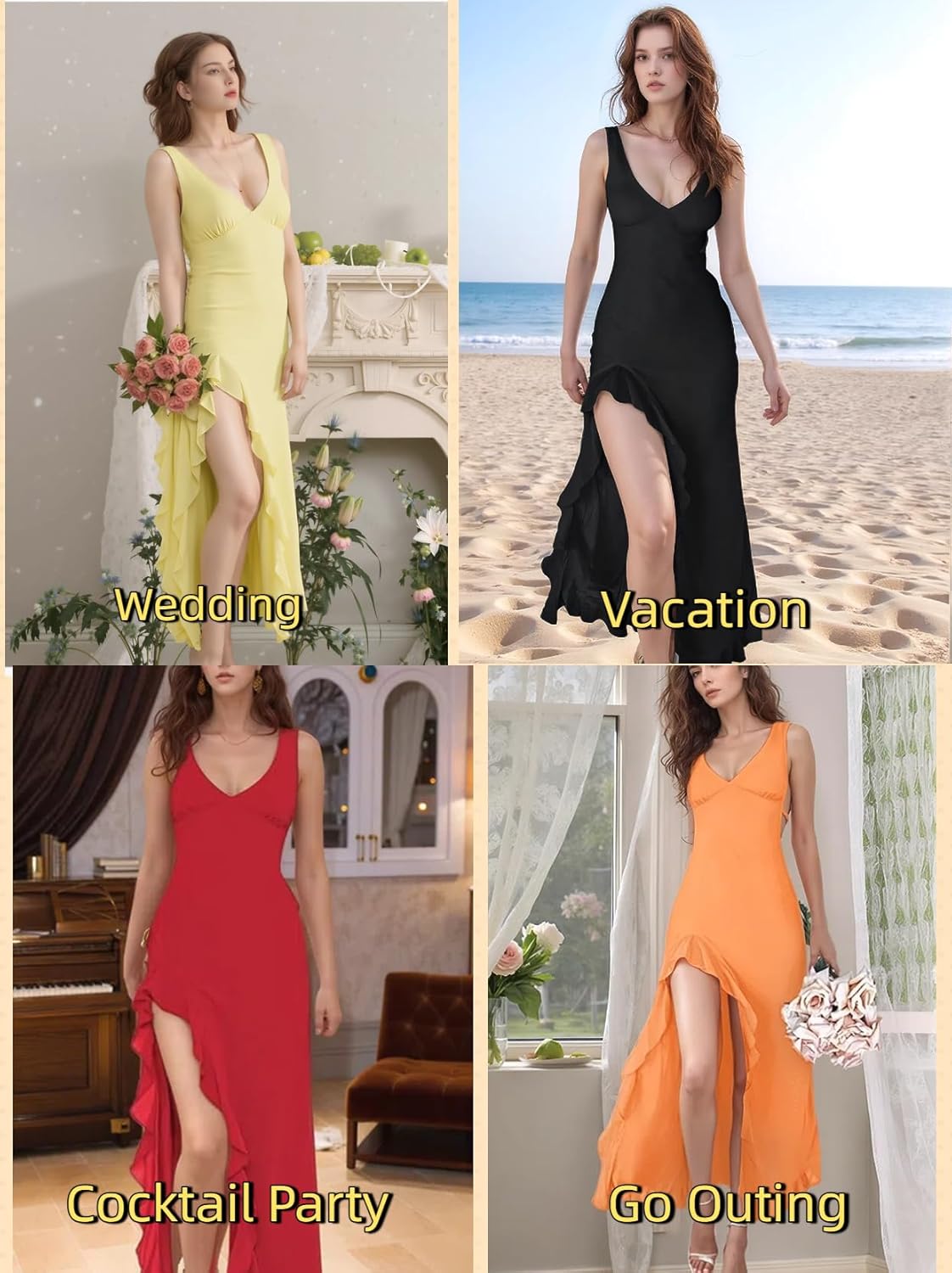 Women's Sexy V Neck Sleeveless Mesh Ruffles Hem High Slit Bodycon Maxi Casual Backless Cocktail Wedding Guest Party Dress - Image 5
