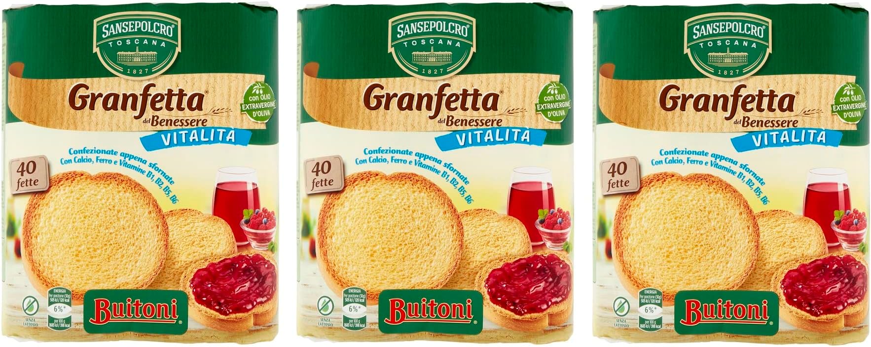 3 x Buitoni Granfetta del Benessere Vitalità Fat Biscottate 40 Baking with Calcium, Iron and Vitamins 300 g