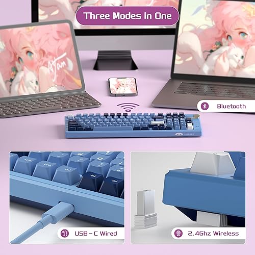 Miniatura 6 de MageGee Teclado mecánico inalámbrico, trimodo de 2.4 GHzBTUSB-C intercambiable en caliente, 98 teclas, teclado para juegos, interruptores de ballena