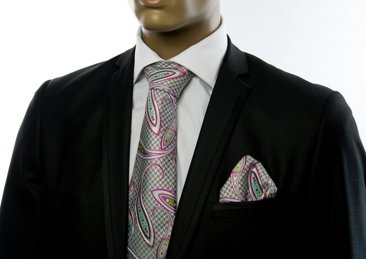 Necktie and Pocket Square . 100% Silk . Extra Big Knot . Mint Green and Pink