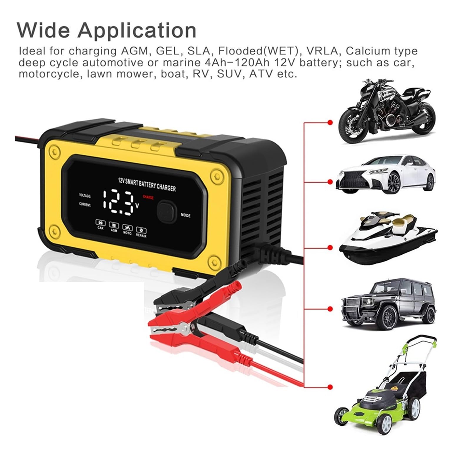 Inteligentna Ładowarka Do Akumulatorów Cyfrowa Samochodowa Wyświetlacz LCD Naprawcza Kwasowo-ołowiowych Precyzyjne łAdowanie(Yellow)