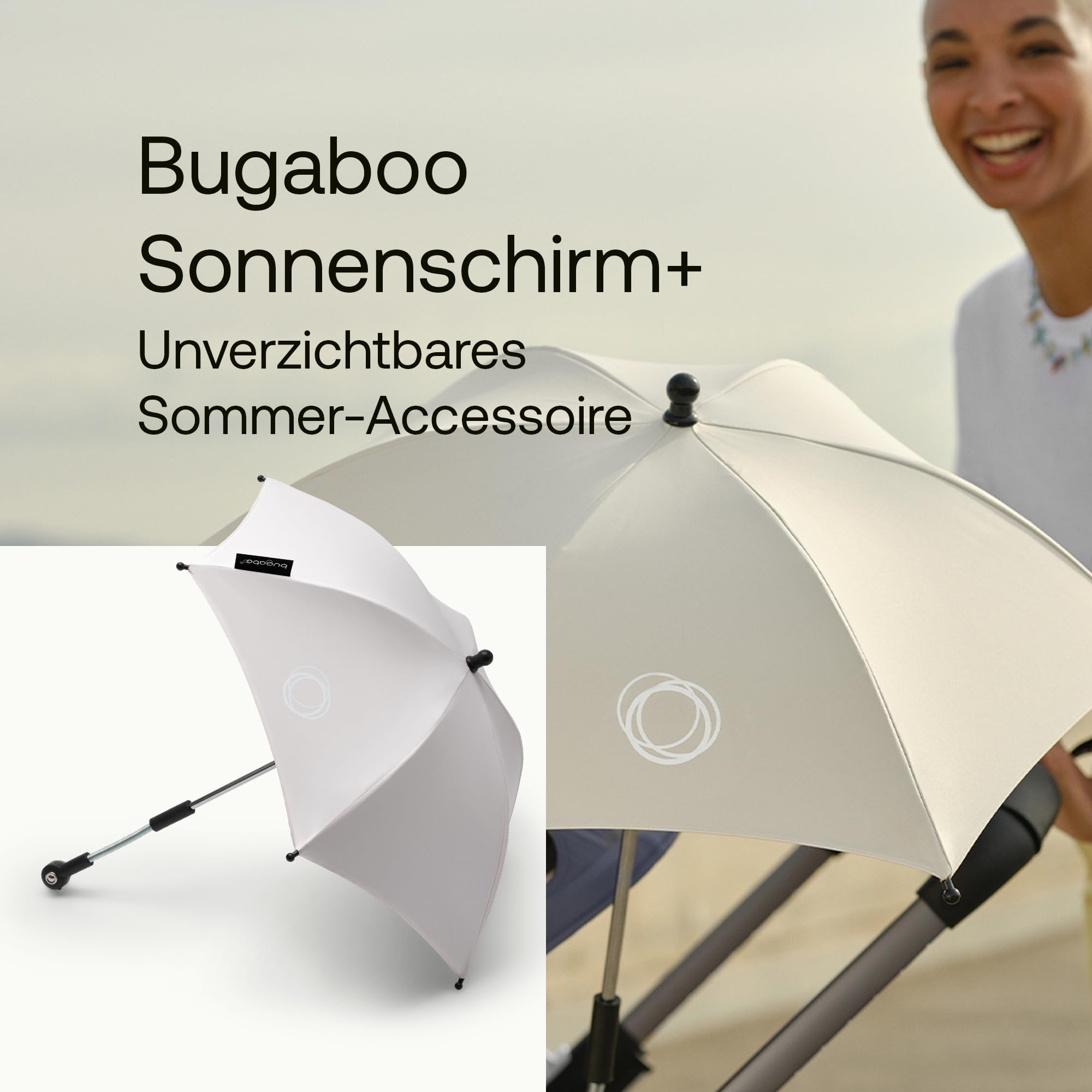 Bugaboo Sonnenschirm+, kompatibel mit allen Bugaboo Kinderwagen, mit UPF 50+ Schutz gegen UV-Strahlen, große Schattenfläche, Verbindung mit einem Klick & leicht verstellbarer Mechanismus, Fresh White | mit UPF 50+ UV Schutz, große Schattenfläche, Verbindu