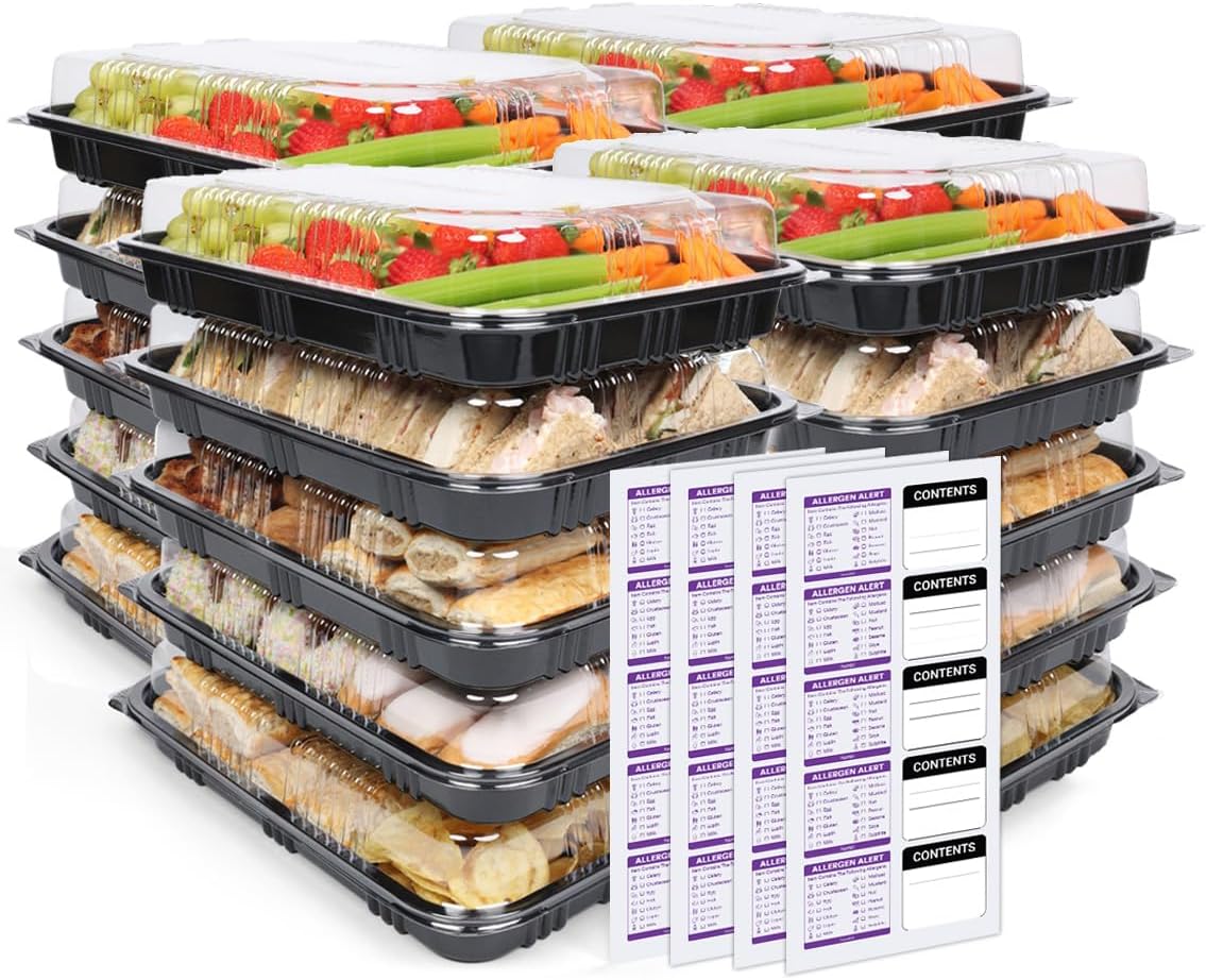 Food Sandwich Platter Trays with Lids - Multi Pack Takeaway Plastic Catering Containers Serving for Party Buffet - Perfect for Sushi, Cake, Sweets, cheese, pizza, Movie Meal Prep 33.5 x 24 x 7cm (80)