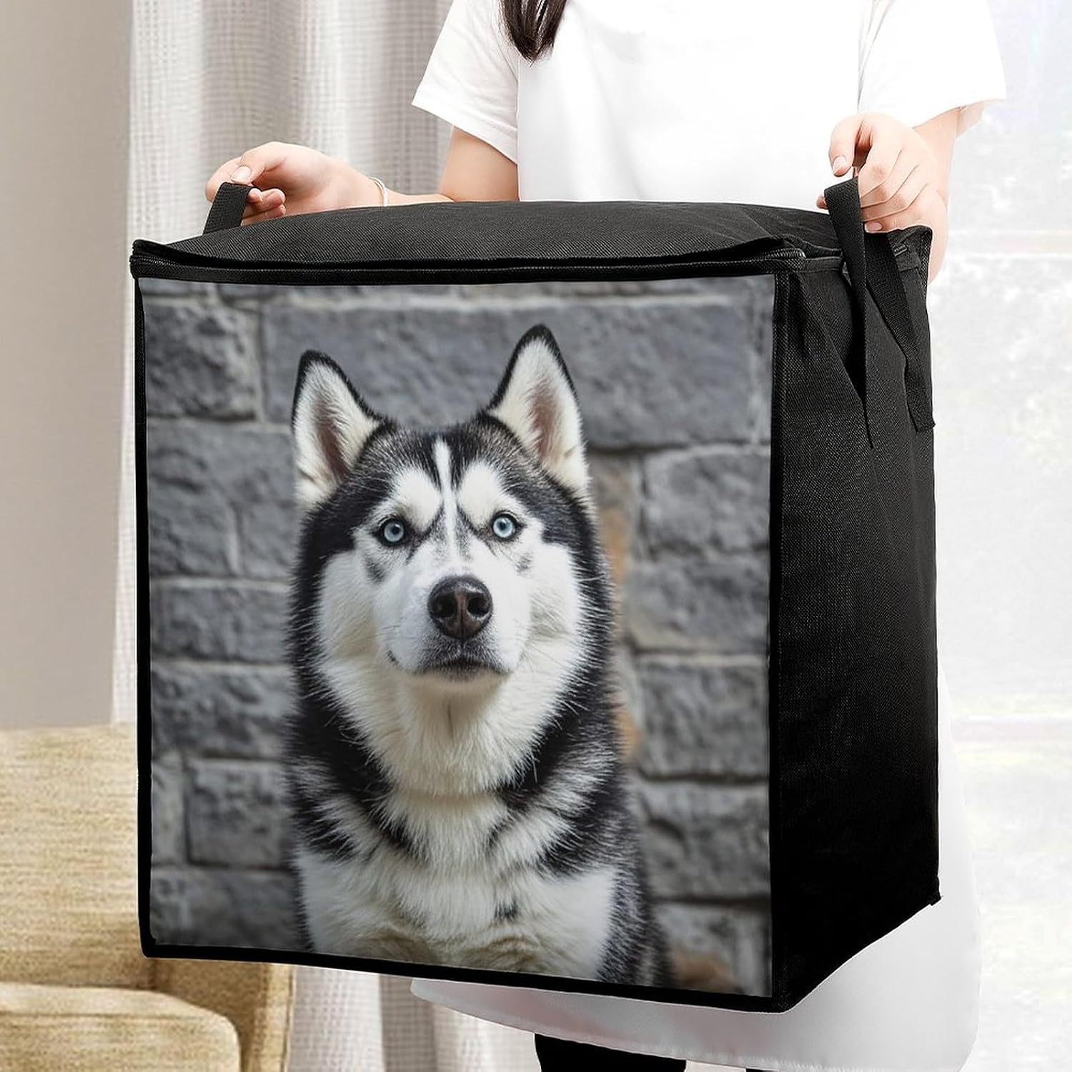 Husky Dog Storage Bag with Zippers And Handle Extra Large Bedding Comforter Storage Bag Foldable Blanket Storage Bags Fabric Moving Bags for Closet Organizer (70L)