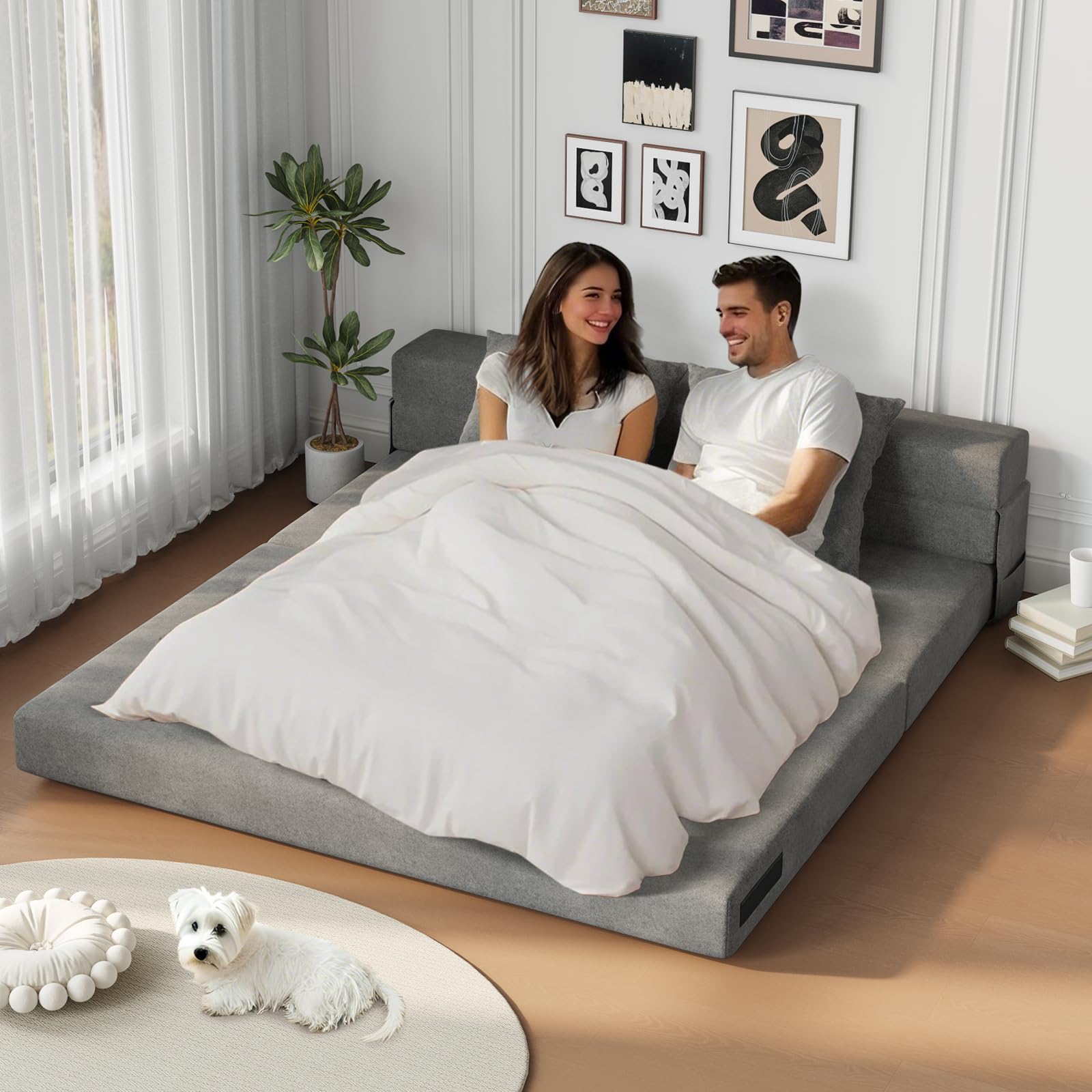 5-in-1 Convertible Folding Sofa Bed Sleeper Chair - Queen, Dark Grey | 60" Fold Out Chair Bed Futon Couch with Pillows, Foldable Floor Mattress for Living Room/Dorm/Guest Use/Home Office/Apartment