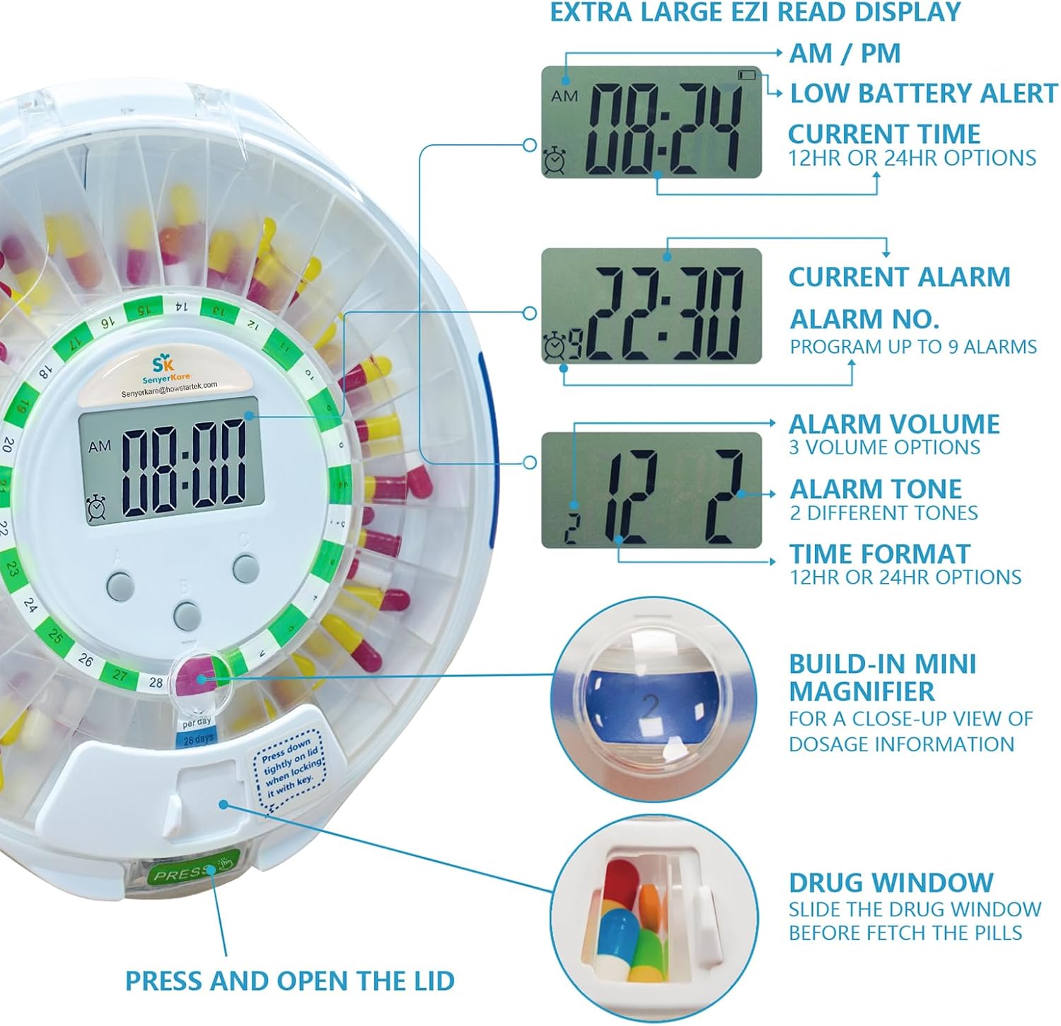 Automatic Pill Dispenser w/Alarm, Sound & Light, 28-Day Locked Medication Dispenser w/Easy-Read Display, up to 6 Alarms/Day, 9 Dosage Templates for Prescriptions, Vitamins & More, Clear Lid