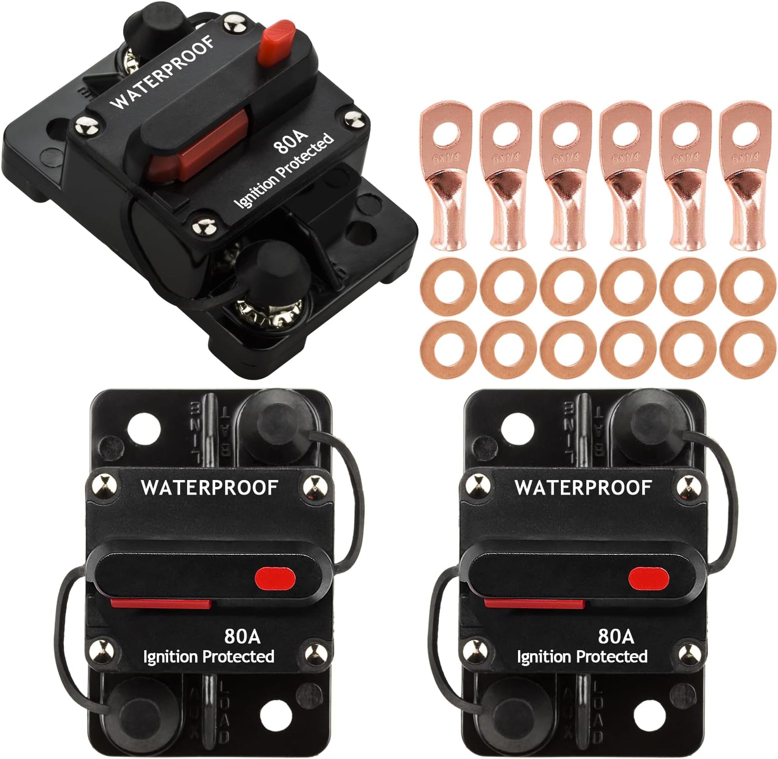 3 Pack 80 Amp Circuit Breaker Manual Reset 12V-48V DC for Car Audio Rv Marine Boat Truck Trolling Motors, Car Speaker Resettable Fuse, with Wire Lugs Copper Washer