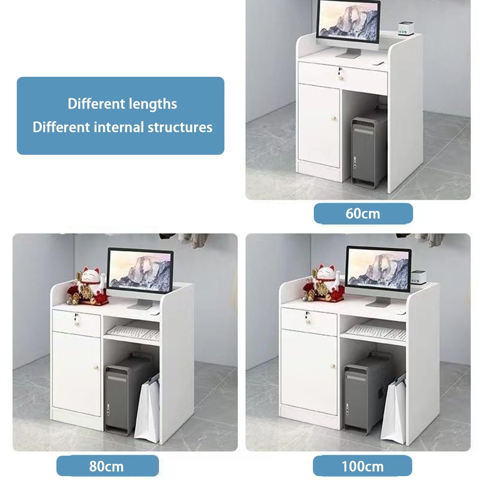 Piccolo banco reception, tavolo reception moderno, con cassetto chiudibile a chiave e armadio con anta, for salone, negozio, hotel, ufficio(White,60cm)
