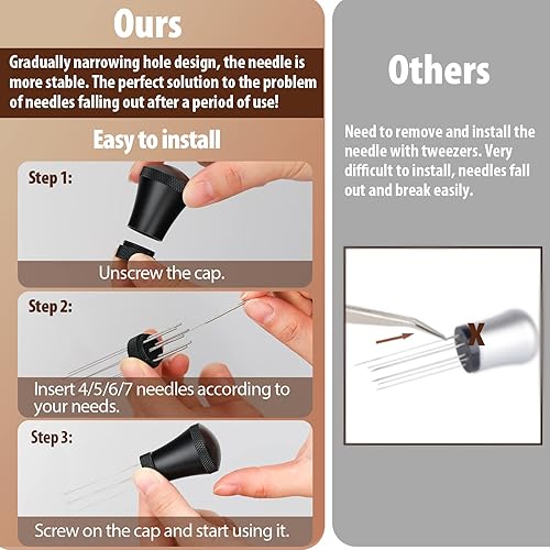 Miniatura 21 de WDT - Herramienta de distribución de café expreso para barista, agitador de café expreso de 0.014 in, 7 agujas con 7 agujas adicionales Plateado