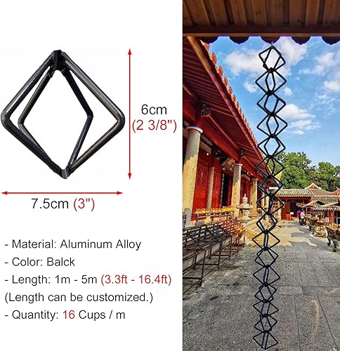 Miniatura 7 de ntumLeap Aluminum Alloy Rain Chain Rhombic, Downspout Replacement Rain Gutter Chain Rings, Black Water Guide Diverter Chains with Hook, Outdoor