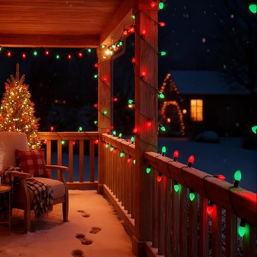 Miniatura 6 de C7 Luces de Navidad rojas y verdes de 25 pies para decoración de Navidad al aire libre con 27 bombillas de cerámica rojas y verdes, luces de Navidad