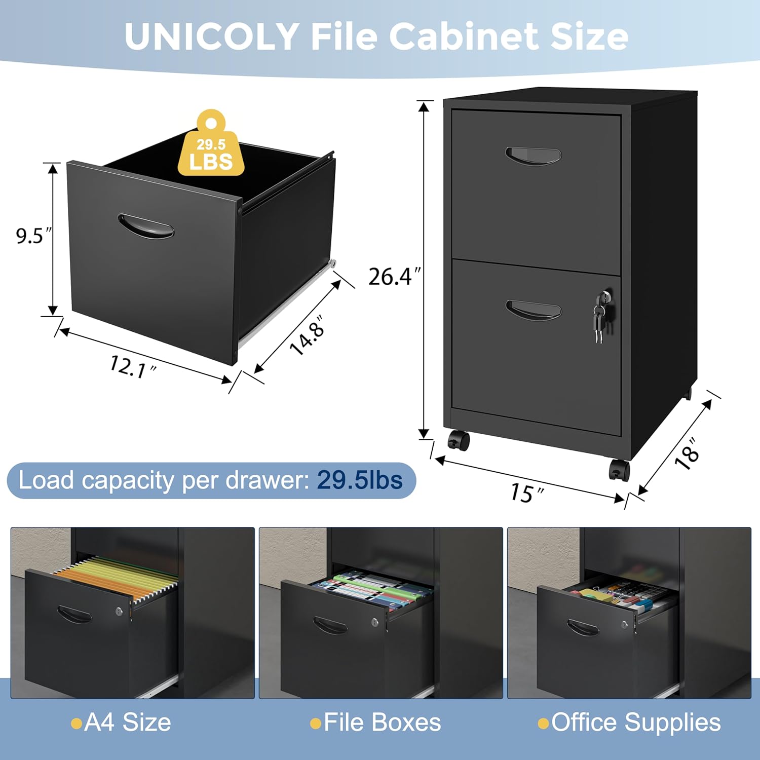 UNICOLY 2 Drawer File Cabinet with Lock, Filing Cabinets with Wheels, Rolling File Cabinets for Home Office, Metal Office File Cabinet, for Holding Letters and File Boxes, Assembly Required, Black