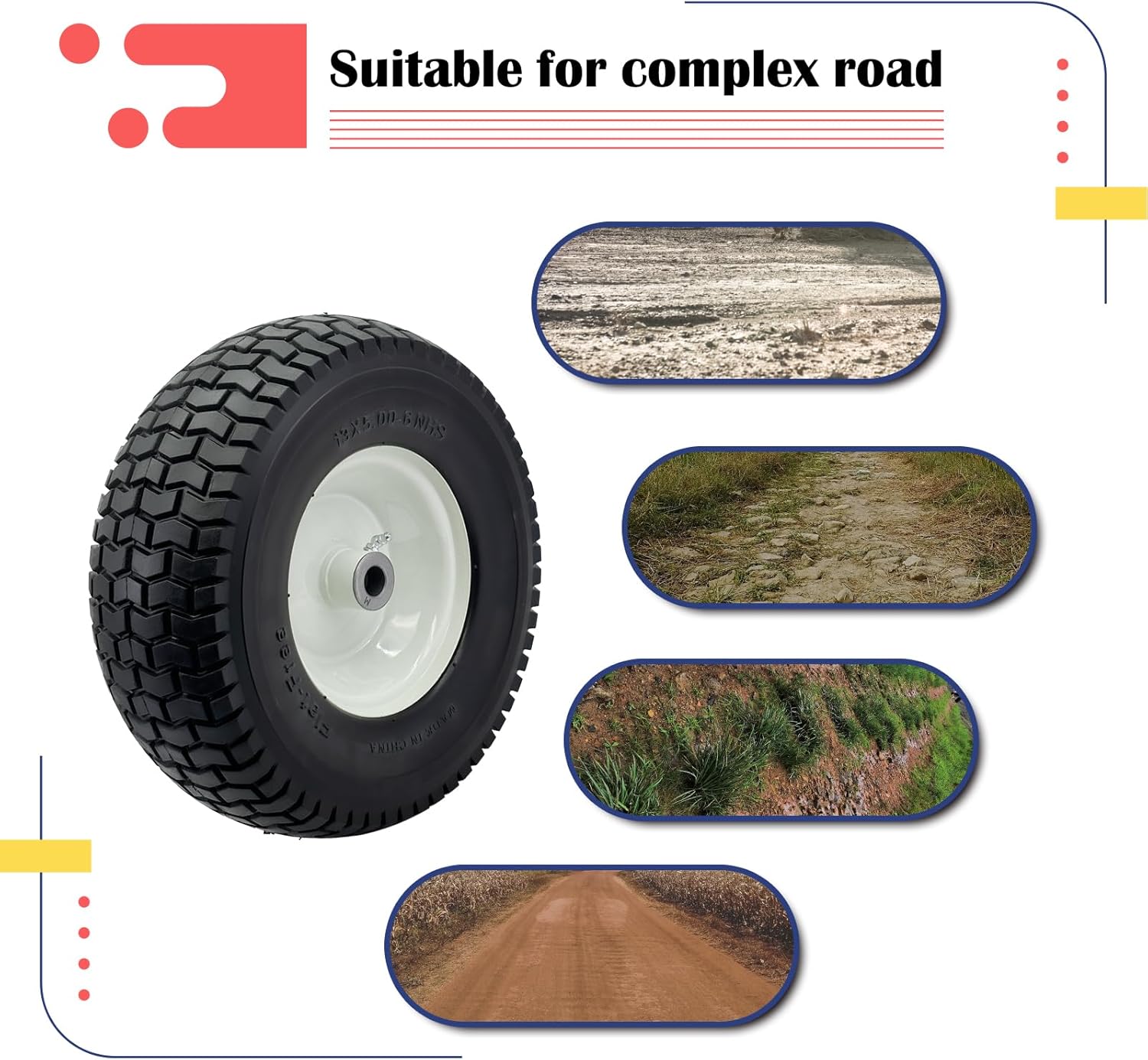 2-Pack 13x5.00-6 Front Tire and Wheel Assembly For Riding Lawnmower with 3"-6"Centered Hub,3/4'' or 5/8''Sintered iron Bushing.Turf Tread. (13 x 5.00-6 Flat Free,Turf Tread)