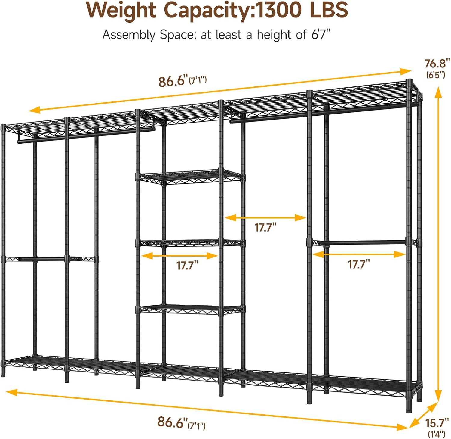 ONBRILL F5 Extra Large Industrial Pipe Clothing Rack, Freestanding Portable Closet Organizer System with Shelves & Hanging Rods, 88.6'' Wide Heavt Duty Clothes Rack, Max Load 1300lbs, Black