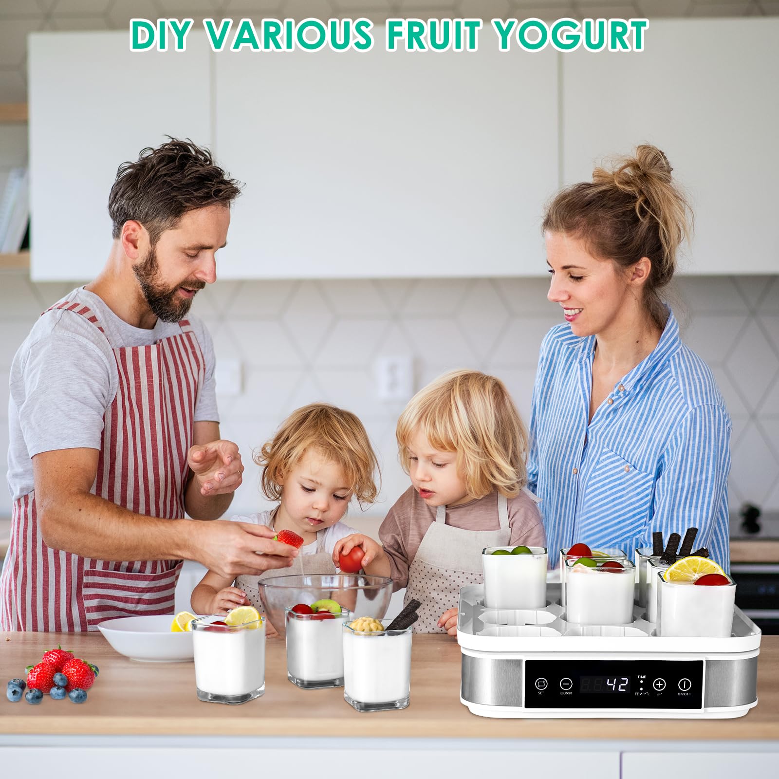 Joghurtbereiter, Automatischer Digitaler Joghurt Maker, Griechischer Joghurtmaschine mit Temperatur- und Timer, mit 9 170 ml Joghurtbechern, Perfekt für den Heim-Bio-Joghurt, BPA-frei, 40 W