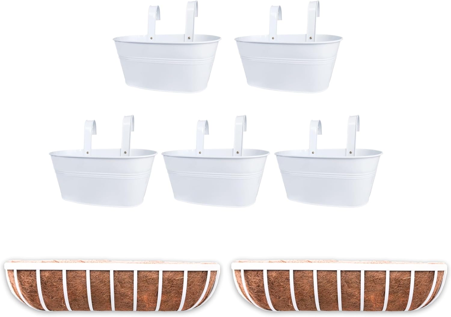 LaLaGreen Bundle- 2 Pack, 30 Inch Rectangular Basket with Coco Liner + 5 Pack, 11.8 Inch White Metal Pot, Modern Country Hanging Planters Window Herb Box Fence Balcony Patio Porch Home Garden Decor