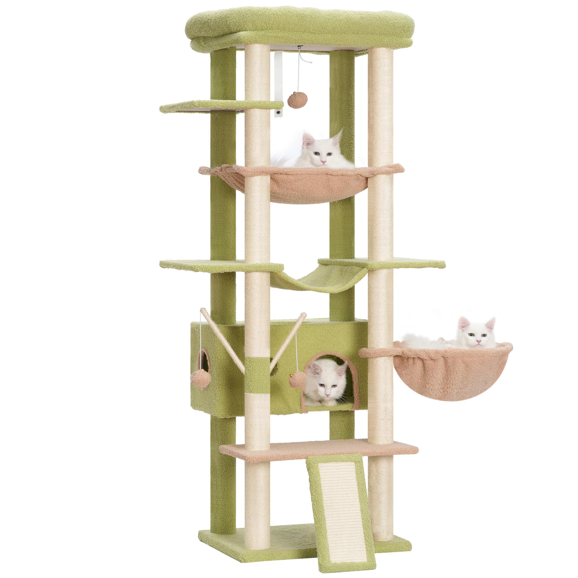 Heybly Cat Tree for Indoor Cats Large Adult with Big Platform, 68.1-inch Tall Cat Tower with Sisal-Covered Scratching Posts, Multi-Level Cat Condo Furniture with Hammocks, Green and Yellow HCT035GY