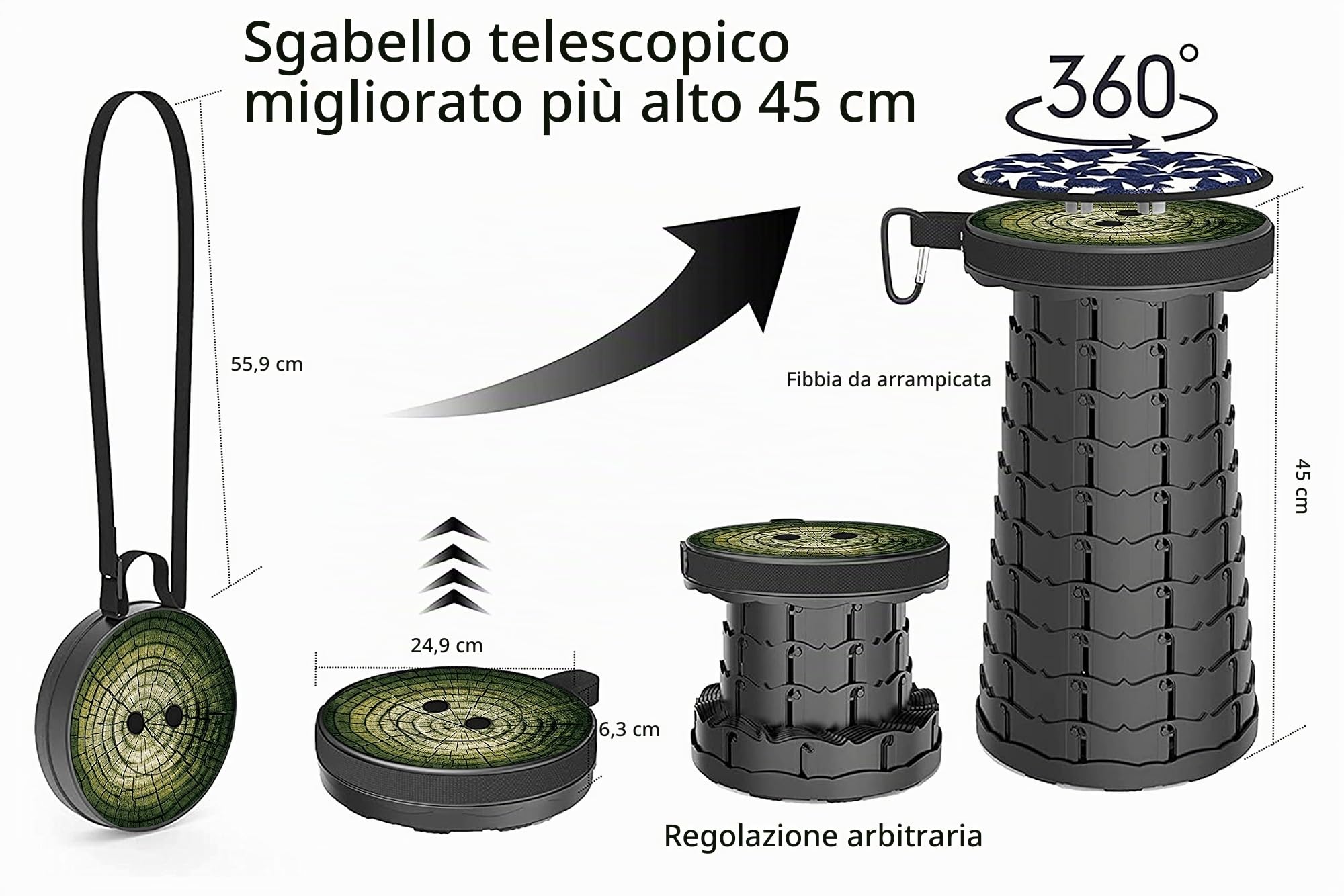 Sgabello telescopico portatile da campeggio, leggero, pieghevole, per escursioni, pesca, barbecue, con borsa per il trasporto e cuscino girevole, portata 440lbs (modello di albero)