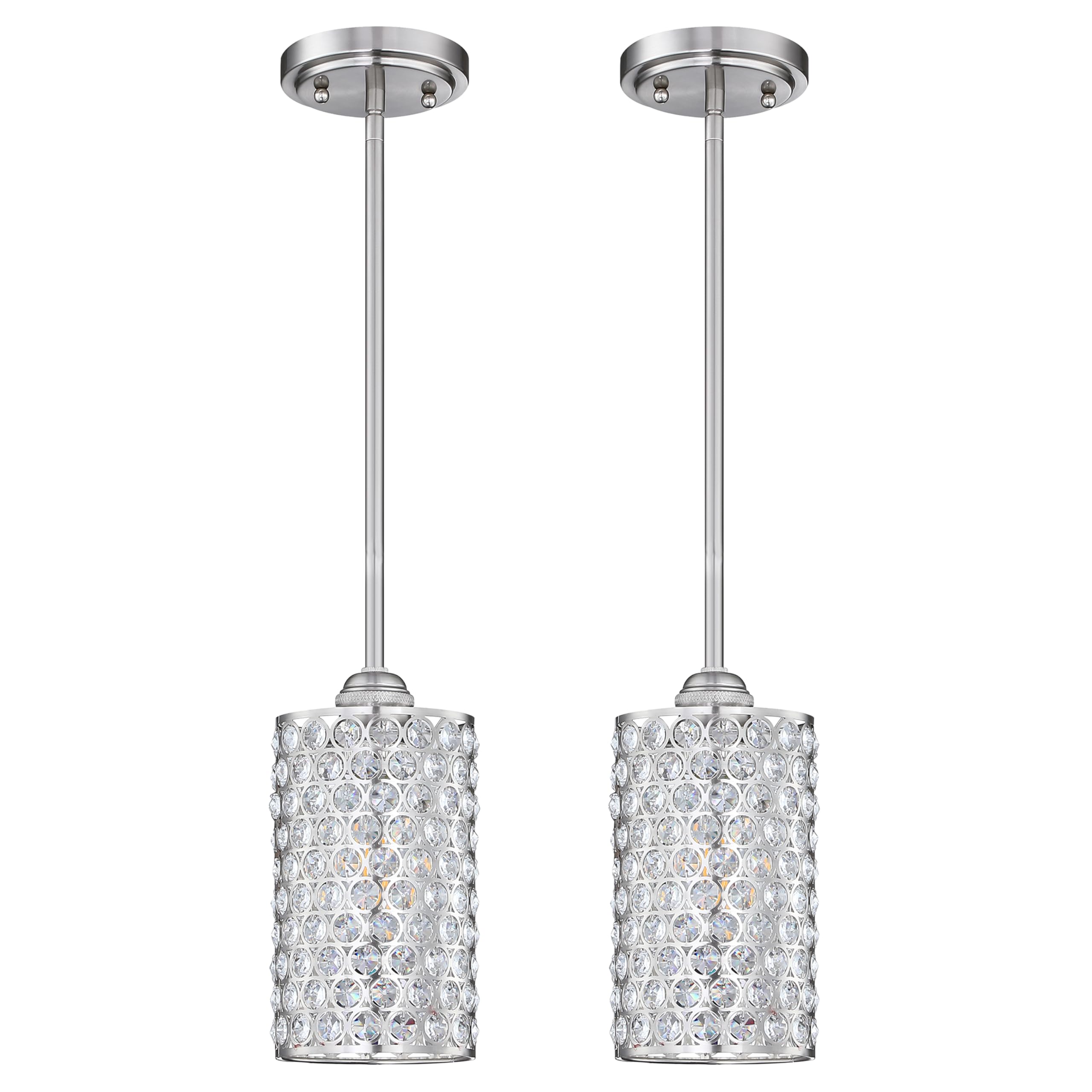 2 Pack 1 Light Hanging Kitchen Island Crystal Pendant Lighting Modern Concise Pendant Light Fixture Brushed Nickel Finish with Crystal Plate Metal Shade for Bar, Dining Room, Corridor,Living Room
