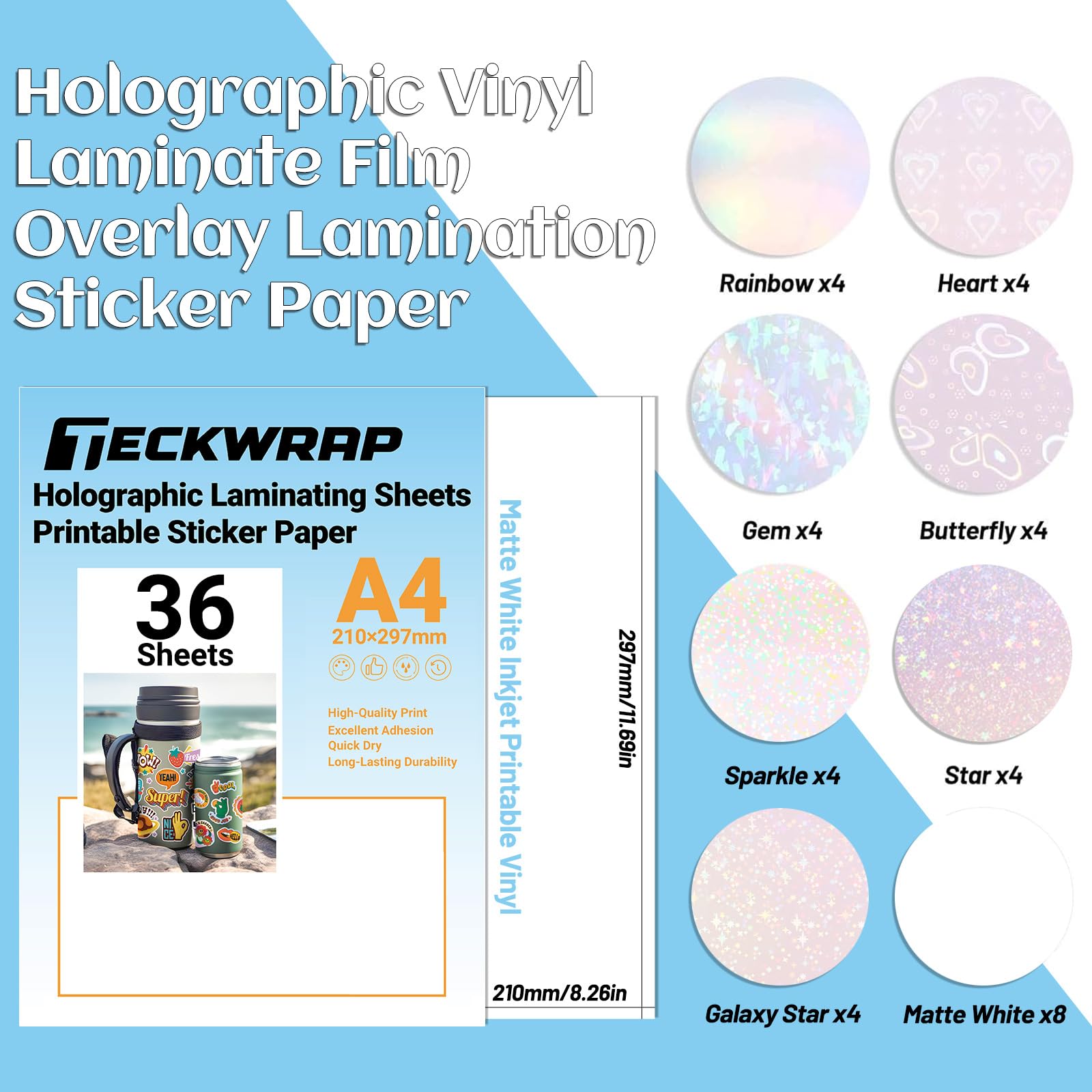 TECKWRAP Carta adesiva olografica, laminazione trasparente, in vinile, bianco opaco, stampabile, 21.6x27.9 cm, formato A4, scrapbooking, taglierine