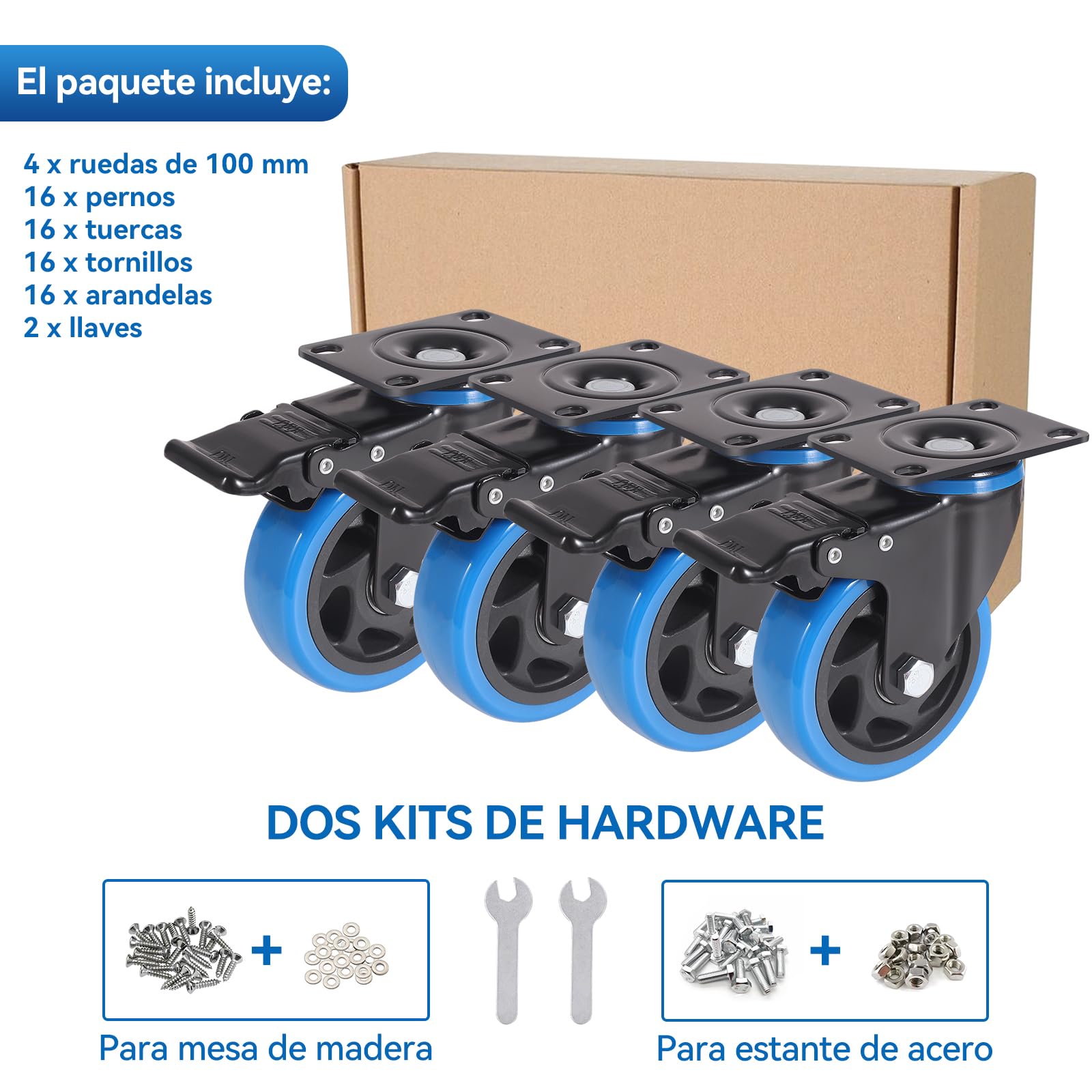 Ruedas para Muebles de 100mm Azul para Trabajo Pesado con Freno y Tornillos - Set de 4 Ruedas Pivotantes de Carga Pesada - Ruedas Industriales de Placa - Soportan hasta 600KG