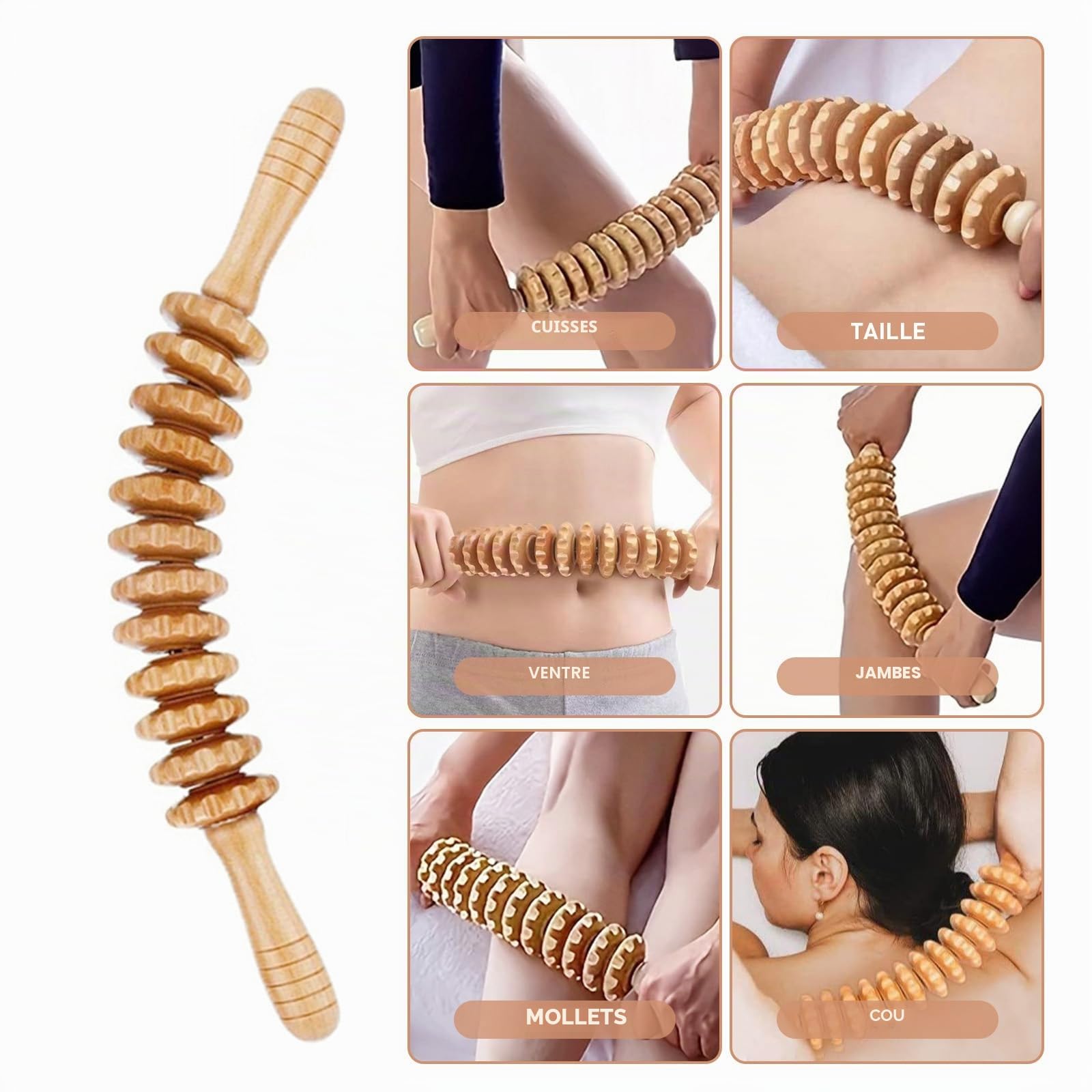 Maderothérapie Kit Complet Cellulite 4 Pieces, Professionnelle Massage Thérapeutique en Bois Brosse a Sec Drainage Lymphatique, Gua Sha, Anti Cellulite pour Soulager la Douleur et Détendre