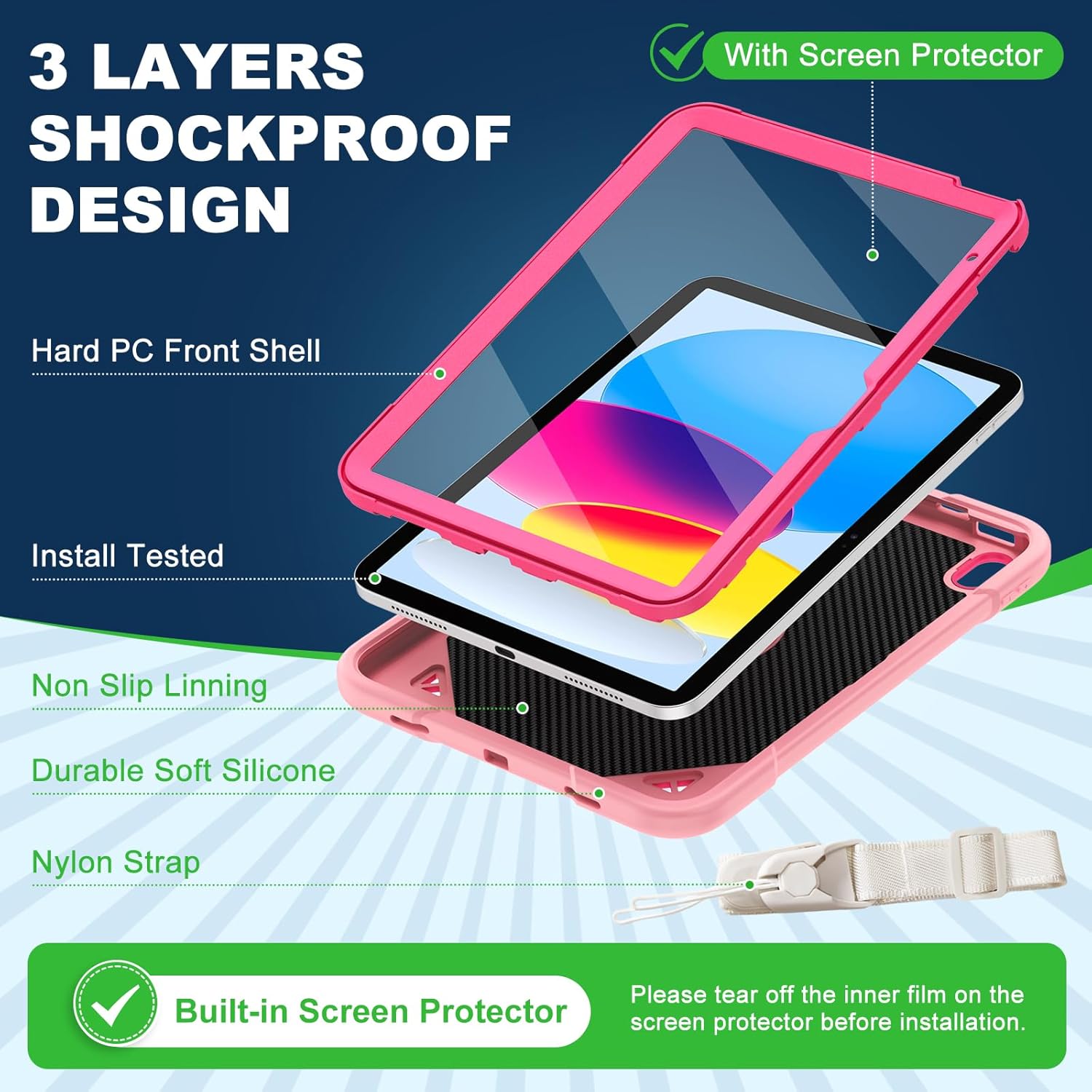 Case for iPad (A16) 11th Generation 11 Inch 2025/iPad 10th Generation 10.9 Inch 2022 with Built-in Screen Protector 360°Rotating Stand,Shoulder Strap Full Body Heavy Duty Protective Cover (Rose Pink) - Image 2