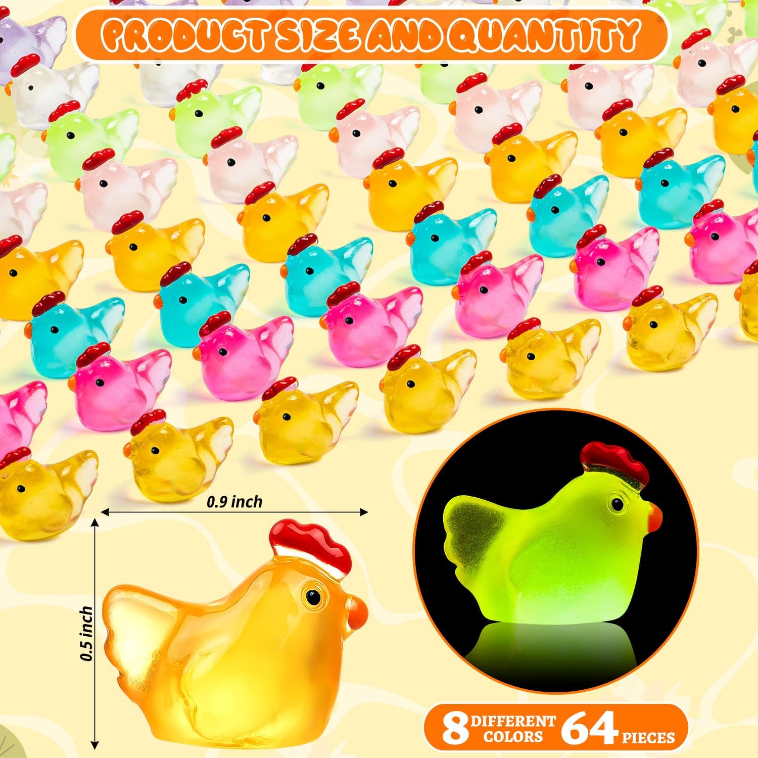 64PCS Luminous Mini Resin Chicken Figurines 8 Colors Tiny Chickens image 3