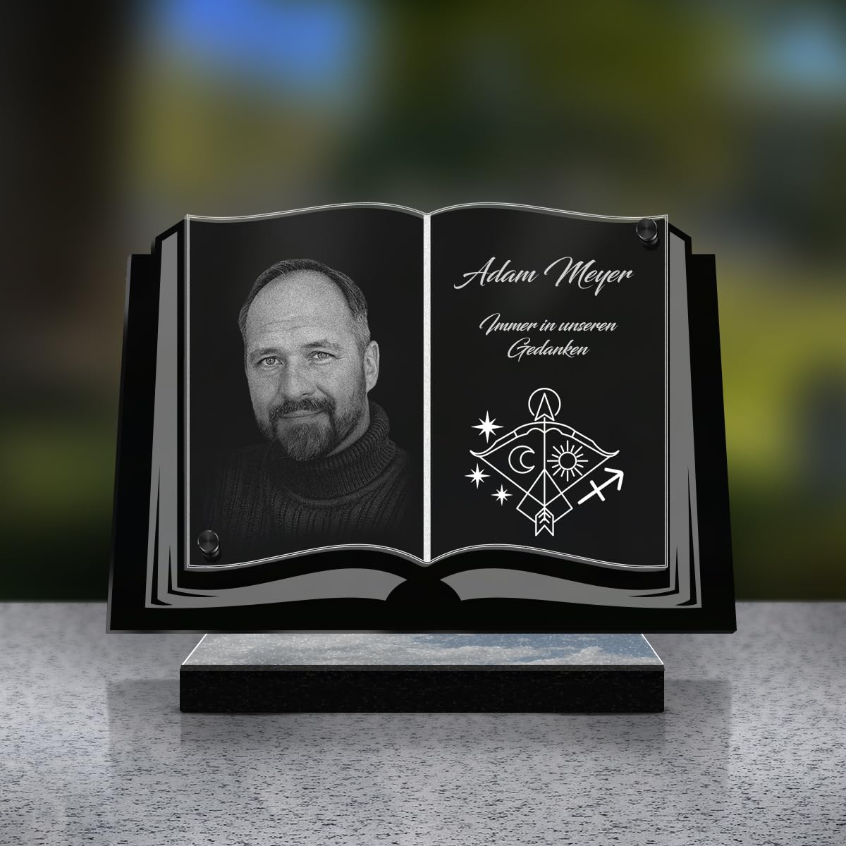 ETERNEL - Personalisierte Grabplatte Buch Astro Schütze Foto und Text anpassbar, lasergravierte Grabplatte für Hommage, Grabplatte, Grabstein, Zeremonie, Beerdigung