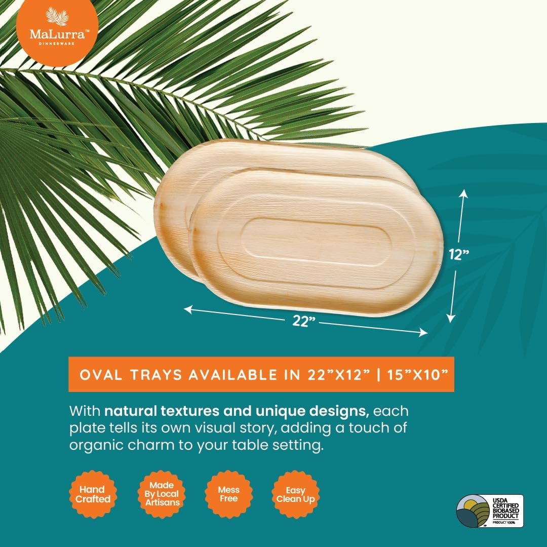 22"x12" Oval Tray - 50 PCs Disposable Serving Palm Platters Like Bamboo Charcuterie Tray | Biodegradable | Disposable | Eco-Friendly, Heavy Duty, Bulk | For Parties, Weddings, BBQs & Catering