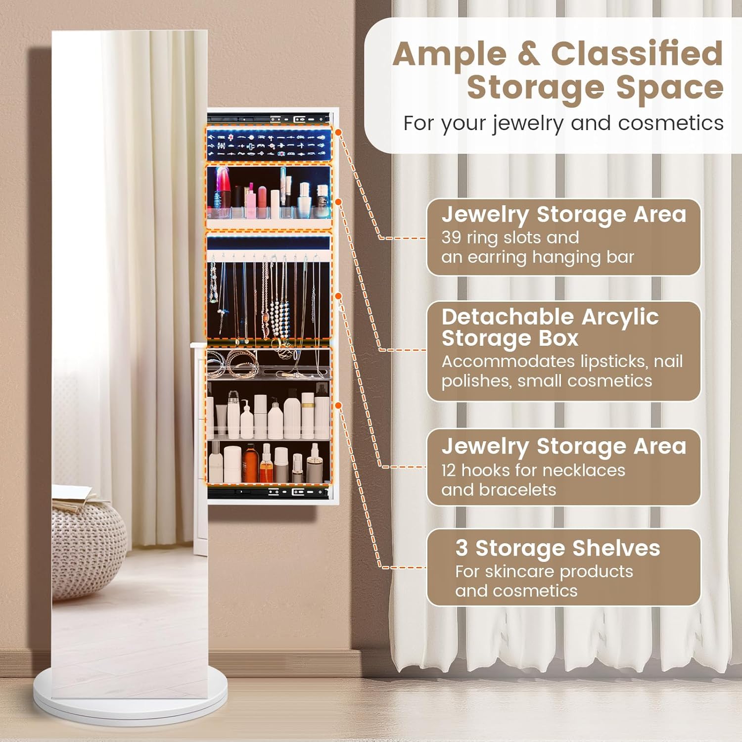 Ample and Classified Storage Space for Jewelry and Cosmetics