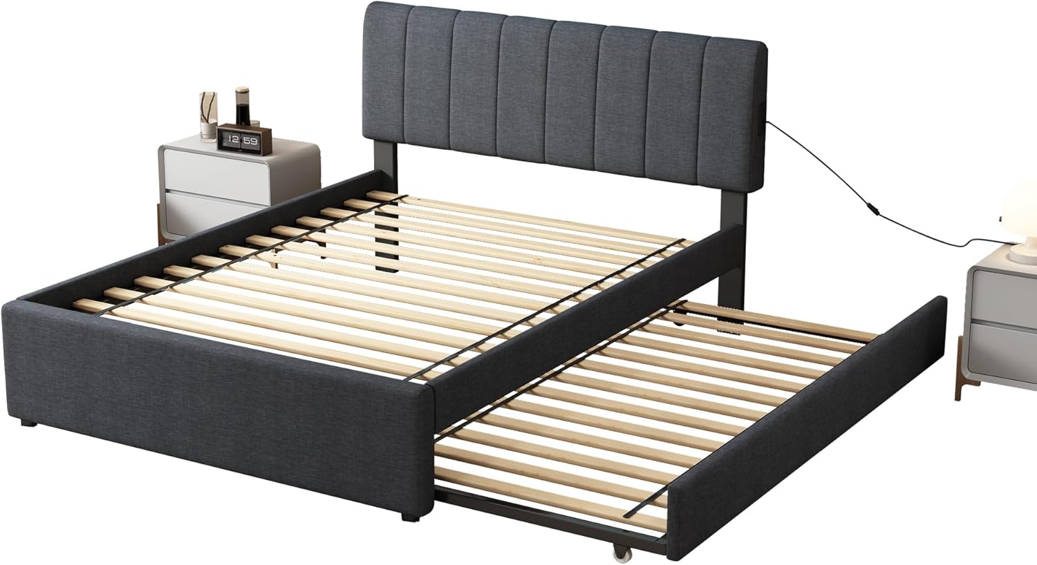 Full Size Upholstered Platform Bed with Trundle and USB/Type-C Charging, Linen Fabric Full and Twin Double Bed w/LED Lights with APP for Bedroom,Dark Gray
