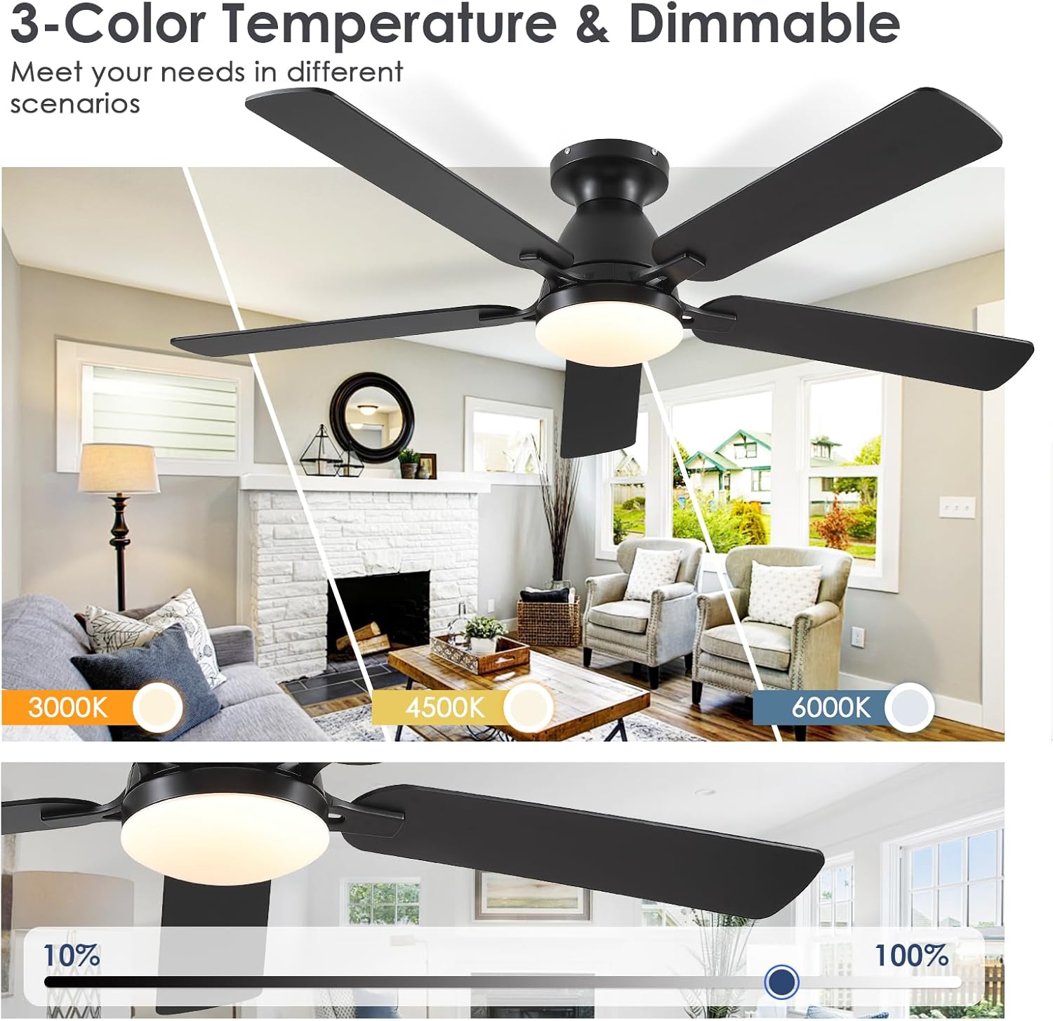 Ceiling Fans with Lights and Remote, 52 Inch Black Ceiling Fan with Light Flush Mount, Modern Indoor Low Profile Ceiling Fan for Bedroom Living Room, Quiet DC Motor, Reversible, Dimmable