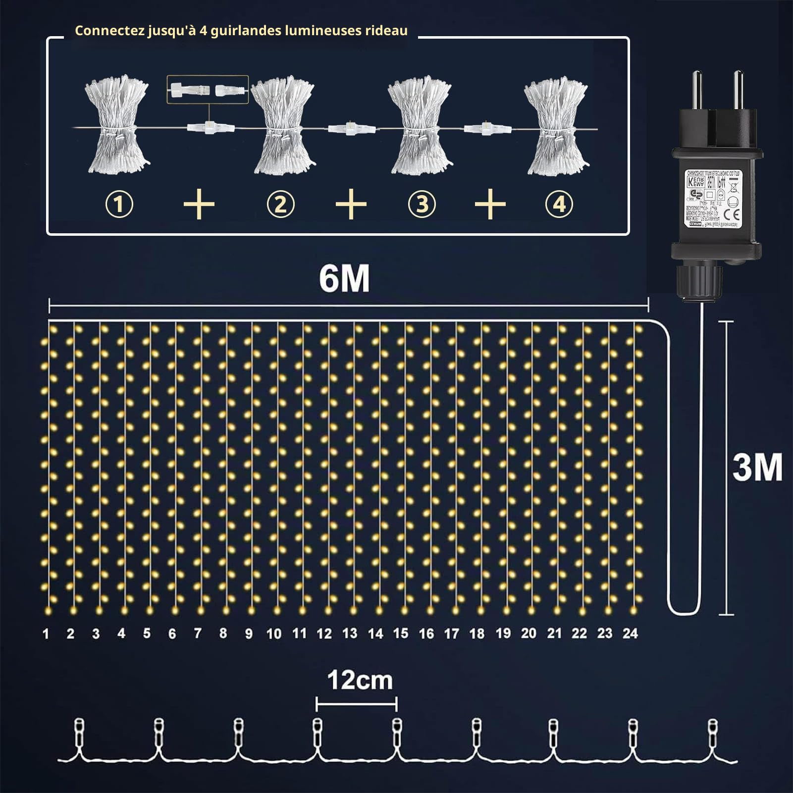 Lot 2 6x3M 600 LED Rideau Lumineux avec Transformateur, Blanc Chaud | Minuterie, 8 modes lumineux variés et IP65 étanche, guirlande rideau adaptée pour chambre, mariage, intérieur et extérieur