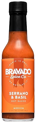 Serrano And Basil Hot Sauce By Bravado Spice Gluten Free, Vegan, Low Carb, Paleo Hot Sauce All Natural 5 oz Hot Sauce Bottle Award Winning Gourmet Hot Sauce - Serrano And Basil - 5 Fl Oz (Pack of 1)