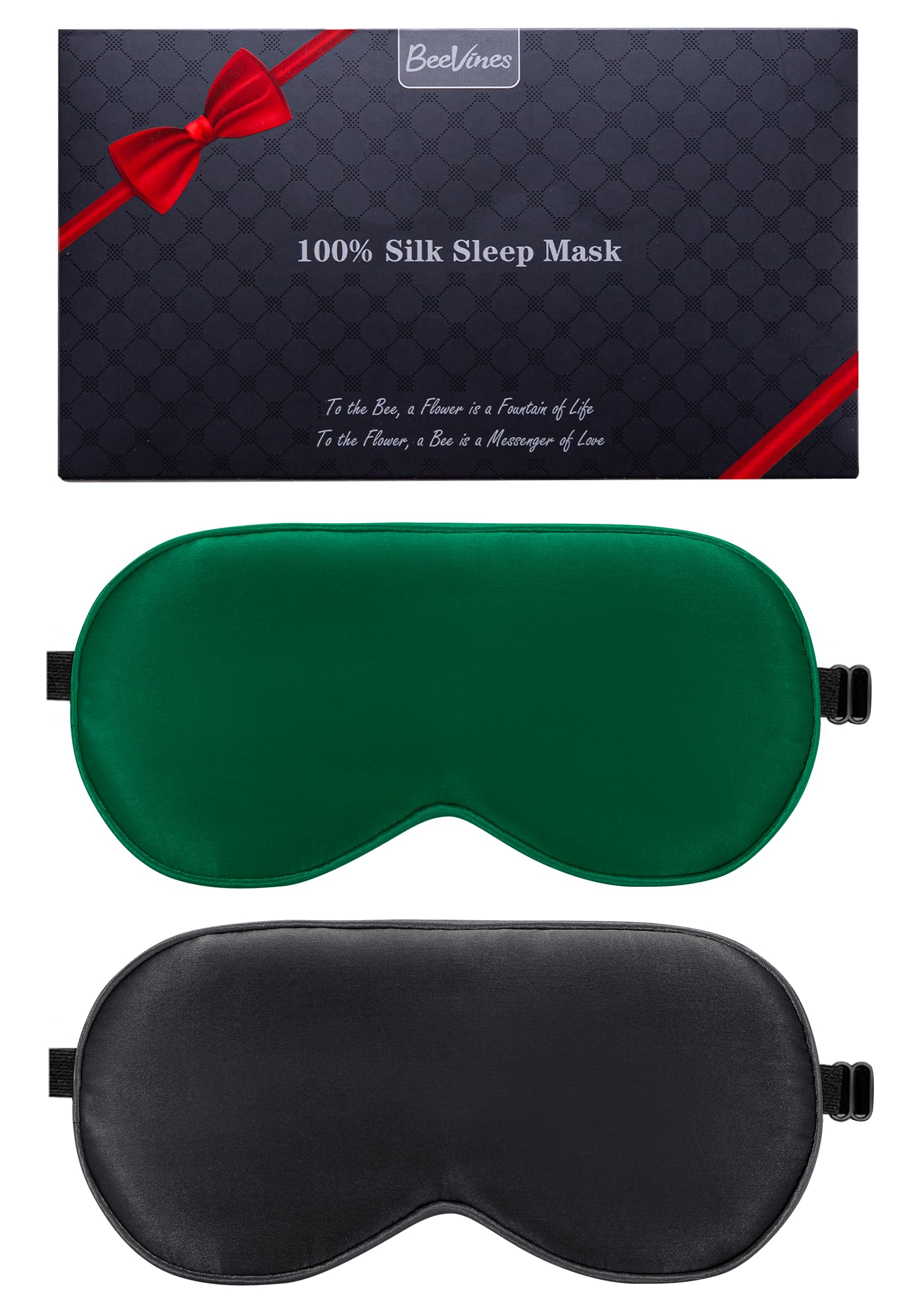 BeeVines 100% Real Mulberry Silk 2 Pack Sleep Mask, Pure Silk Eye Masks with Adjustable Strap for Sleeping, 100% Block Light Eye Shade Cover, Reduces
