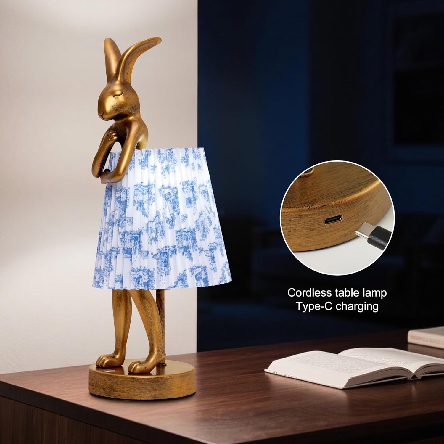 Rabbit Table Lamp Rechargeable, Cordless LED with Linen Shade and Gold Resin Base, Touch Dimmable Wireless Lamp for Bedroom Nightstand Kids Room Nursery Living Room - Pattern