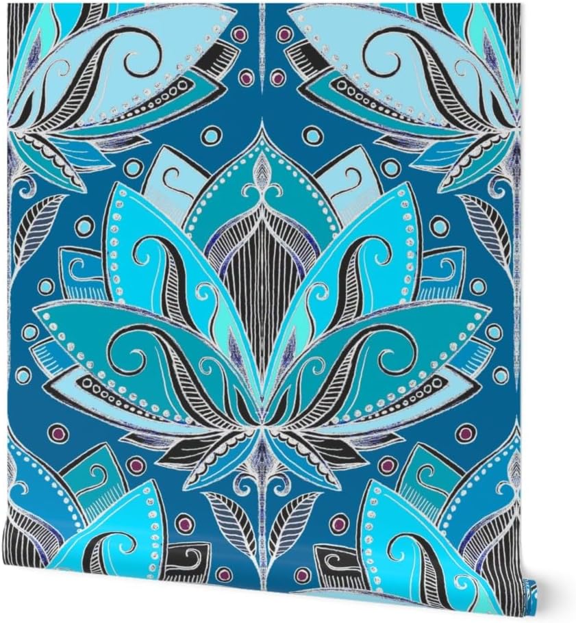 Removable Wallpaper 6ft x 2ft - Art Deco Lotus Teal Turquoise Black Nouveau Retro Tea Geometric Blue Aqua Custom Pre-Pasted Wallpaper by Spoonflower
