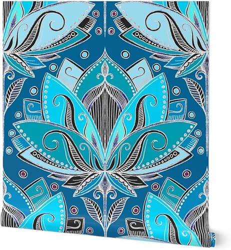 Miniatura 1 de Muestra de papel tapiz extraíble - Art Deco Lotus Teal Turquoise Negro Nouveau Retro Tea Geométrico Azul Aqua Papel pintado personalizado pre-pegado