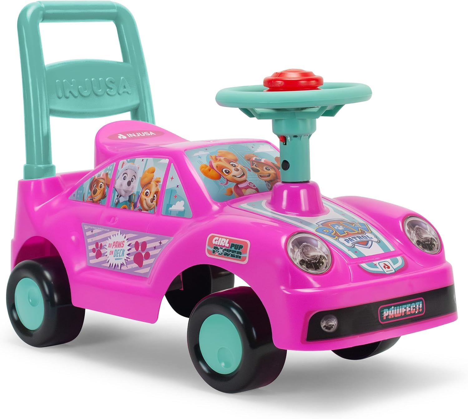 Correpasillos Bebé 1 Año Niña Patrulla Canina Skye y Everest - Coche Rosa con Volante y Claxon - Diseño Ligero con Asa de Transporte - Primeros Pasos Interior Exterior | Injusa