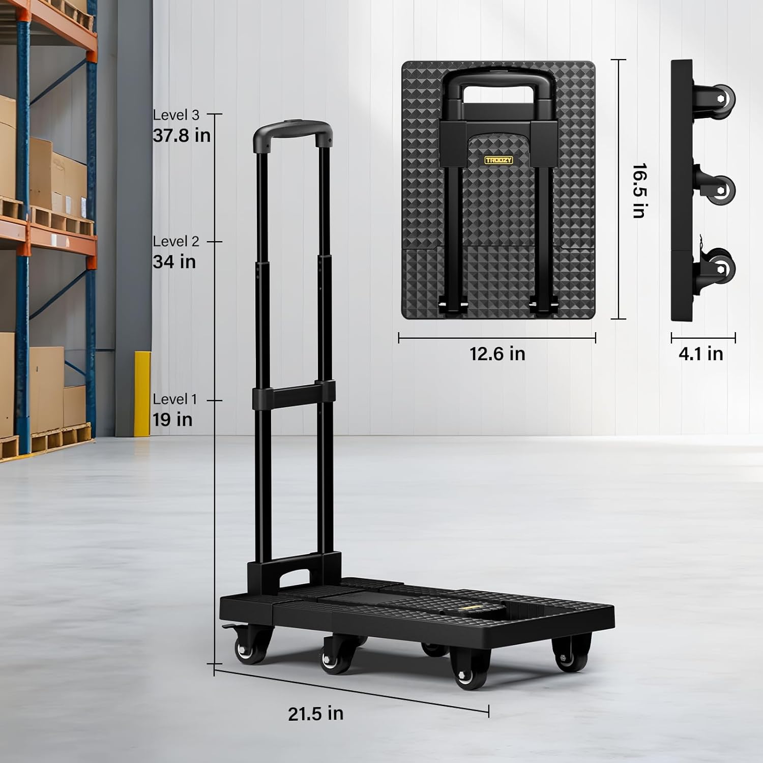 No Assembly Folding Hand Truck 440lbs, Dolly Cart with Wheels & Upright Lock, Extendable Heavy Duty Foldable Dolly for Luggage, Travel, Office & Dorm, Carrito de Carga