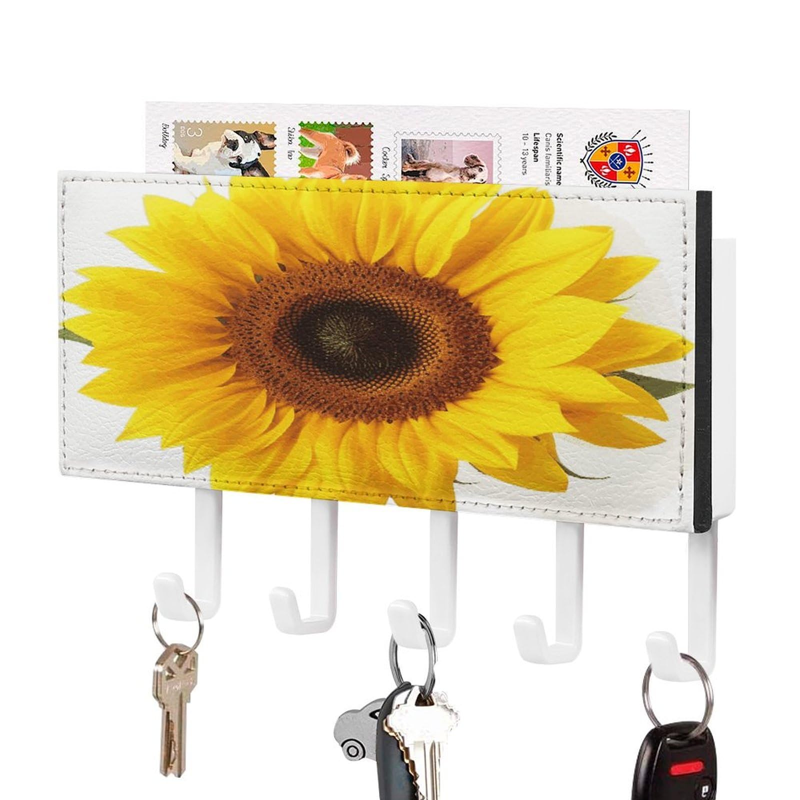LDGSUPH Sunflower Isolated Key Holder Wall Mount Key Hanger with 5 Hooks Fashion Key Organizer Rack Hanging Key Hooks with Mail Organizer Key Rack for Home Entryway Hallway White-Style