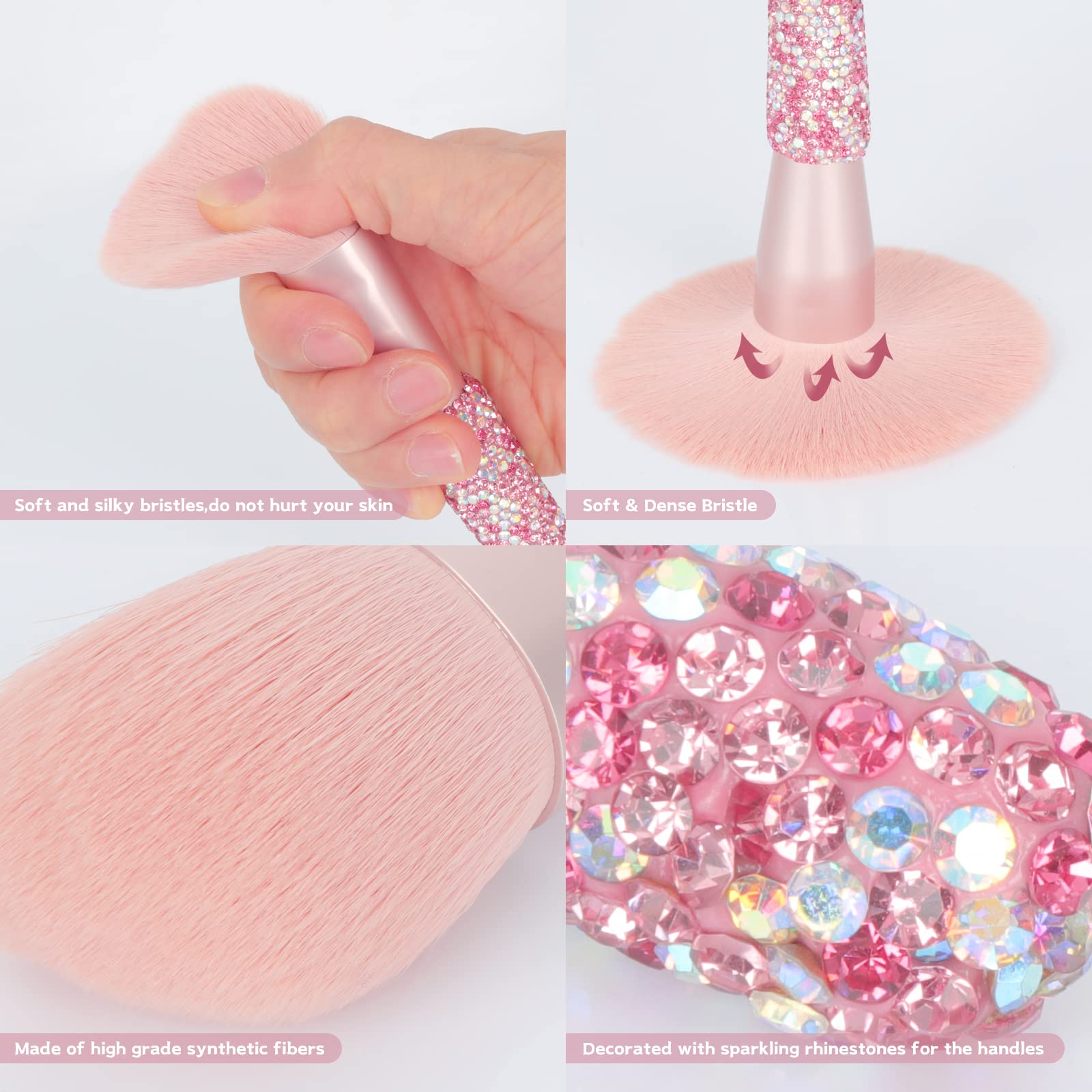 Set di 11 pennelli da trucco professionali, con strass, per miscelare fondotinta liquido, cipria, correttore, ombretti, strumenti di bellezza glitterati (rosa AB)