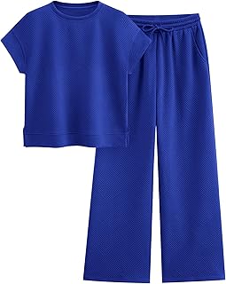 2 Piece Outfits For Women Casual Tracksuit Short Sleeve Tops And Wide Leg Long Pants Matching Lounge Sets