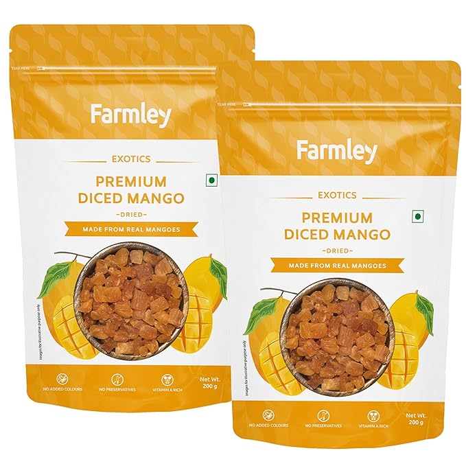 Farmley Premium Diced Mango Dried Fruits 400g | Pack of 2, Each- 200g | No Added Colours and Preservatives | Sweet and Delicious Real Mango Taste