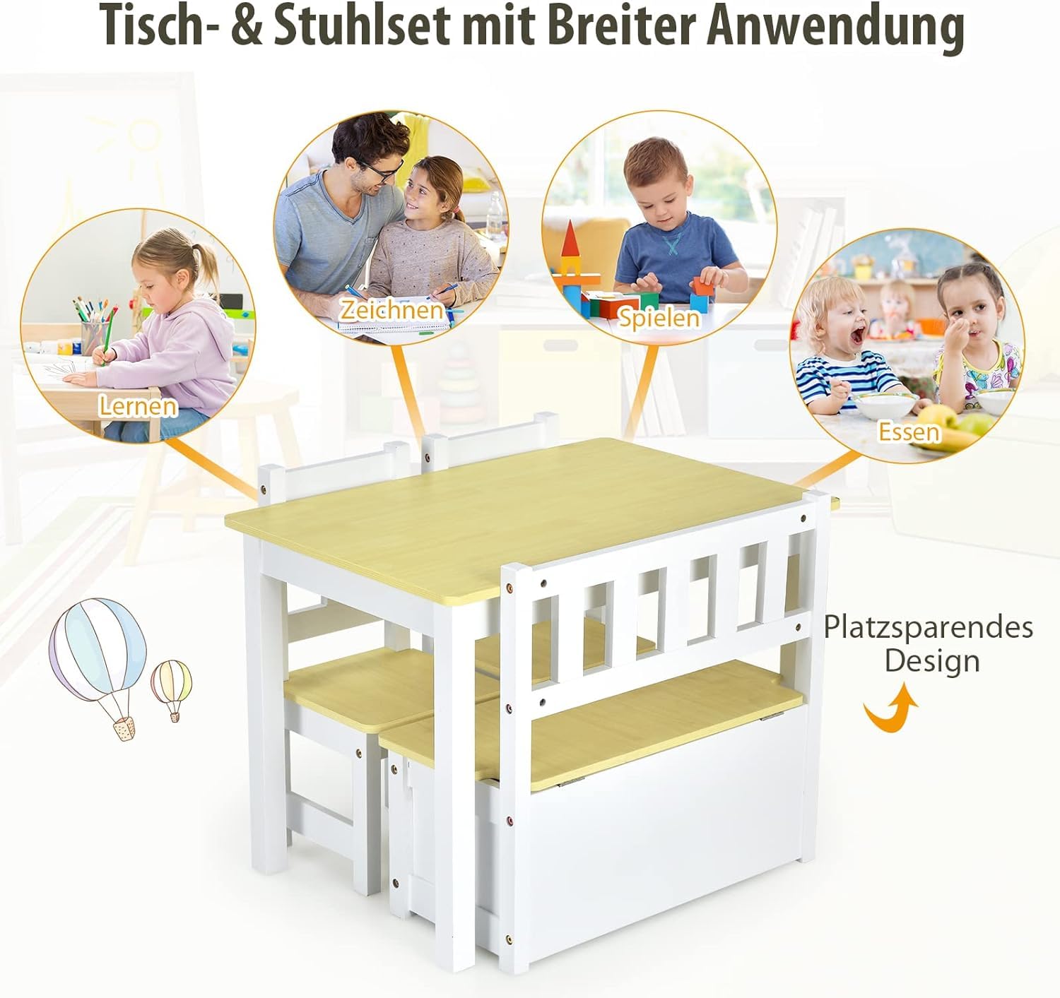DREAMADE Kindetisch mit 2 Stühlen, Kindersitzgruppe aus Holz mit 22L Strauraum, Kindertruhenbank Kindermöbelset Holzsitzgruppe für Kinderzimmer, Spielzimmer, Wohnzimmer, Natur