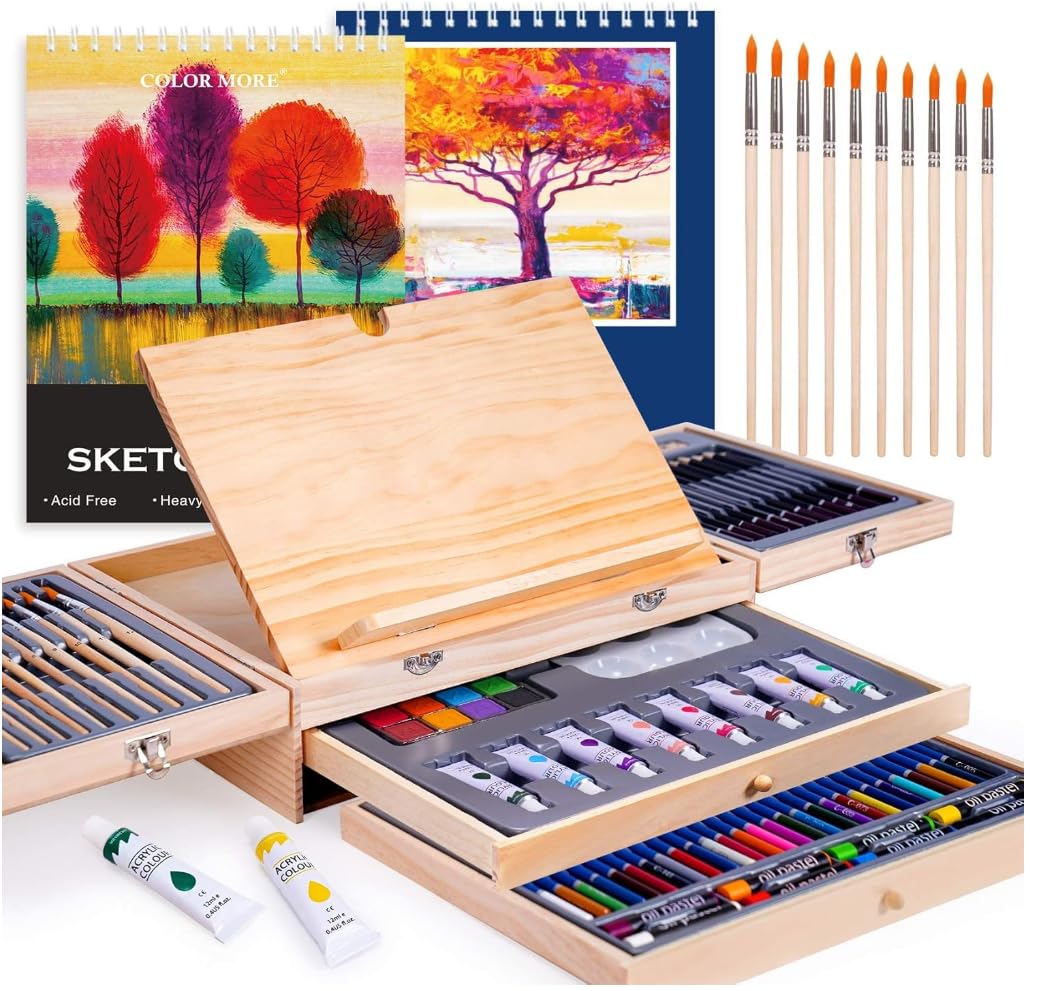 85 Piece Deluxe Wooden Art Supplies, Art Kit with Easel and Acrylic Pad, Art Set for Teens, Adults and Artist Beginners, Creative Gift Box with Wooden Case, Sketching Pencils, Artist Brushes