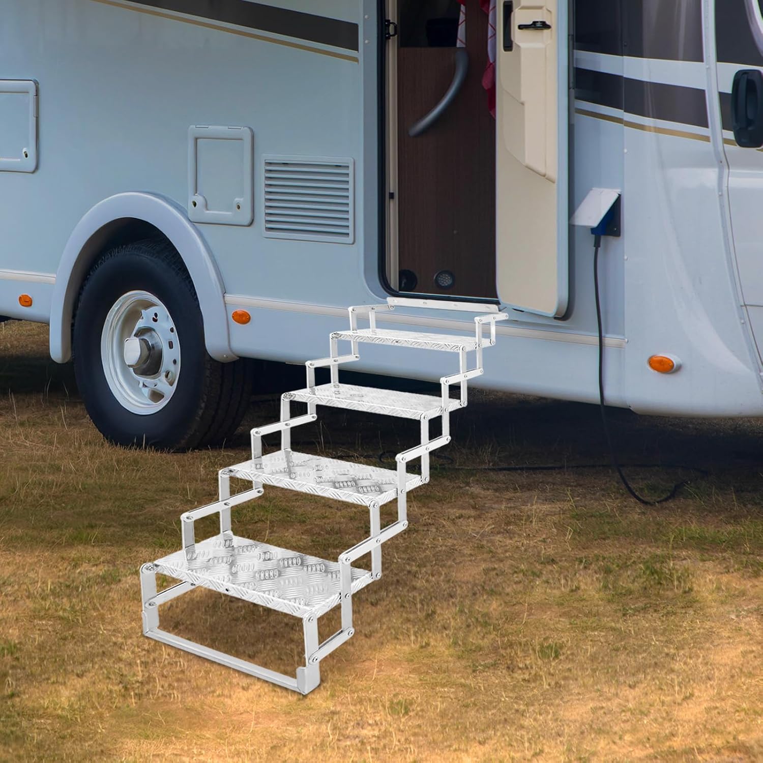 Aluminum Alloy Scissor Stairs, 4-Step Camper Stairs, 17"x37"x37" Foldable Step Ladder for RV, Camper Warehouses & Supermarkets, with 242.5 Lbs Load Capacity (4-Step)